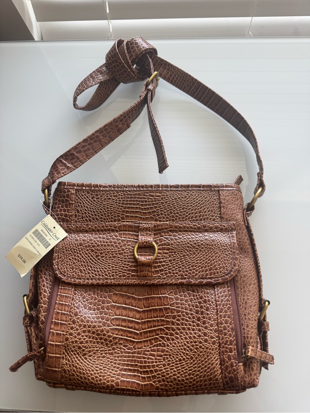 NWT Coldwater Creek Brown Faux Leather Crocodile Sophie Crossbody Bag Gold Tones